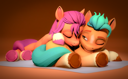 Size: 3192x1983 | Tagged: safe, artist:sfmaniaceq, imported from derpibooru, hitch trailblazer, sunny starscout, earth pony, pony, 3d, cuddling, duo, female, g5, heart, hoof heart, lying down, lying on top of someone, male, mare, resting, shipping, sleeping, source filmmaker, stallion, straight, sunnyhitch, underhoof, upside-down hoof heart
