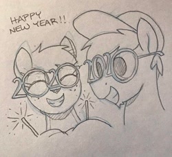 Size: 1354x1242 | Tagged: safe, artist:selenophile, imported from derpibooru, oc, oc only, oc:canvas, oc:seleno, deer, pony, duo, happy new year, holiday, monochrome, novelty glasses, pencil drawing, sparkler (firework), traditional art