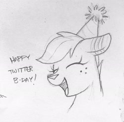 Size: 2994x2940 | Tagged: safe, artist:selenophile, imported from derpibooru, oc, oc only, oc:canvas, deer, eyes closed, hat, monochrome, open mouth, party hat, pencil drawing, solo, traditional art
