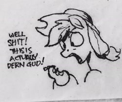 Size: 2048x1714 | Tagged: safe, artist:selenophile, imported from derpibooru, applejack, earth pony, pony, applejack's hat, cowboy hat, dialogue, female, food, fruit heresy, hat, mare, monochrome, open mouth, pear, solo, traditional art, vulgar