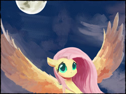 Size: 3250x2428 | Tagged: safe, artist:paintedskies, imported from derpibooru, fluttershy, pegasus, pony, bust, female, flying, high res, mare, moon, moonlight, night, outdoors, painting, simple background, solo, spread wings, three quarter view, wings
