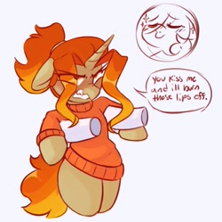 Size: 749x746 | Tagged: safe, artist:drawtheuniverse, imported from derpibooru, oc, oc only, pony, unicorn, angry, bipedal, blushing, clothes, dialogue, eye clipping through hair, eyes closed, floppy ears, gritted teeth, kissy face, nose wrinkle, offscreen character, puckered lips, simple background, solo focus, suspended, sweater, teeth, white background