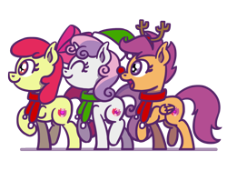Size: 1800x1350 | Tagged: safe, artist:flutterluv, imported from derpibooru, apple bloom, scootaloo, sweetie belle, earth pony, pegasus, pony, unicorn, adorabloom, antlers, apple bloom's bow, bow, christmas, clothes, cute, cutealoo, cutie mark crusaders, diasweetes, female, filly, foal, hair bow, hat, holiday, red nose, santa hat, scarf, simple background, the cmc's cutie marks, transparent background, trio