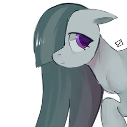 Size: 1280x1280 | Tagged: safe, artist:metaruscarlet, imported from derpibooru, marble pie, earth pony, pony, female, floppy ears, looking back, mare, shy, simple background, solo, white background