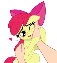 Size: 985x1085 | Tagged: safe, artist:lockerobster, edit, imported from derpibooru, apple bloom, earth pony, human, pony, adorabloom, cute, female, filly, floating heart, foal, hand, heart, human on pony petting, looking at you, offscreen character, offscreen human, one eye closed, open mouth, open smile, petting, show accurate, simple background, smiling, white background