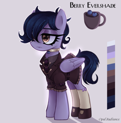 Size: 2800x2840 | Tagged: safe, artist:opal_radiance, imported from derpibooru, oc, oc only, oc:berry evershade, pegasus, pony, adoptable, blueberry, eyebrows, female, folded wings, food, frown, high res, lidded eyes, mare, pegasus oc, shadow, signature, simple background, solo, white background, wings