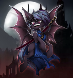 Size: 1547x1666 | Tagged: safe, artist:embryb1995, imported from derpibooru, oc, bat pony, pony, clothes, dress, female, mare, solo, sword, weapon