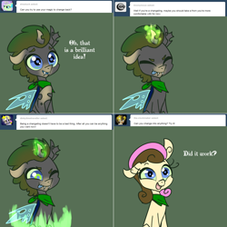 Size: 1302x1302 | Tagged: safe, artist:toadstool-prancer, imported from derpibooru, bon bon, sweetie drops, oc, oc:tantamount, changeling, magic, one ear down, solo, tantamount time turner