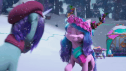 Size: 1920x1080 | Tagged: safe, imported from derpibooru, screencap, izzy moonbow, pony, unicorn, spoiler:g5, spoiler:winter wishday, animated, antlers, beret, bongo beats, bongos, clothes, dapple (g5), floral head wreath, flower, g5, hat, male, my little pony: make your mark, my little pony: make your mark chapter 3, onyx, scarf, snow, snowfall, sound, stallion, webm, winter wishday