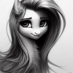 Size: 1024x1024 | Tagged: safe, imported from derpibooru, fluttershy, pony, ai content, ai generated, charcoal (medium), ear fluff, eyebrows, eyelashes, female, generator:purplesmart.ai, generator:stable diffusion, mare, prompter:nightluna, simple background, smiling, solo, white background
