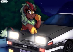 Size: 2250x1600 | Tagged: safe, artist:shadowreindeer, imported from derpibooru, cinder glow, summer flare, kirin, ae86, car, cloven hooves, looking at you, night, solo, toyota, toyota sprinter trueno [ae86], trueno