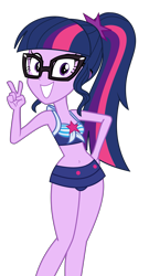 Size: 3111x5768 | Tagged: safe, artist:keronianniroro, edit, edited screencap, imported from derpibooru, screencap, vector edit, sci-twi, twilight sparkle, human, equestria girls, equestria girls series, forgotten friendship, adorasexy, adorkable, bare shoulders, belly button, bikini, clothes, cute, dork, female, front knot midriff, glasses, grin, looking at you, midriff, peace sign, ponytail, sci-twi swimsuit, sexy, simple background, sleeveless, smiling, solo, swimsuit, transparent background, twiabetes, vector