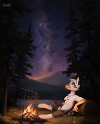 Size: 4116x5093 | Tagged: safe, artist:uliovka, imported from derpibooru, oc, oc only, oc:nyn indigo, oc:ospreay, griffon, hybrid, original species, timber pony, timber wolf, campfire, eared griffon, forest, grass, night, scenery, sitting, smiling, stars