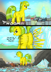 Size: 2386x3376 | Tagged: safe, artist:qkersnll, imported from derpibooru, oc, oc only, oc:lemon drop, pony, butt, butt bump, car, city, comic, crushing, destruction, dialogue, dock, female, macro, onomatopoeia, plot, skyscraper, solo, tail