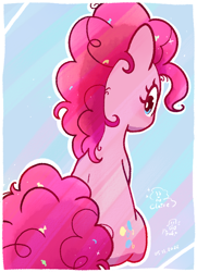 Size: 584x807 | Tagged: safe, artist:fipoki, imported from derpibooru, pinkie pie, earth pony, pony, aside glance, confetti in mane, female, looking at you, looking back, looking back at you, mare, outline, rear view, sitting, solo, sparkling mane, white outline