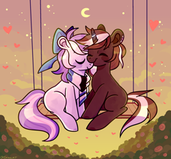 Size: 2212x2064 | Tagged: safe, artist:1racat, imported from derpibooru, oc, earth pony, pony, unicorn, bow, clothes, commission, couple, duo, duo male and female, eyes closed, female, flower, in love, male, moon, oc x oc, rose, scarf, shipping, straight, swing, ych result