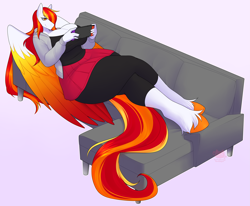 Size: 4555x3755 | Tagged: safe, artist:kerothestrange, imported from derpibooru, oc, oc only, oc:diamond sun, anthro, pegasus, unguligrade anthro, big breasts, breasts, cleavage, clothes, colored wings, commission, couch, curvy, female, gradient background, hoodie, impossibly large thighs, impossibly wide hips, leggings, long hair, long mane, long tail, mare, multicolored wings, nintendo switch, shirt, skirt, solo, tail, thighs, thunder thighs, unshorn fetlocks, wide hips, wings