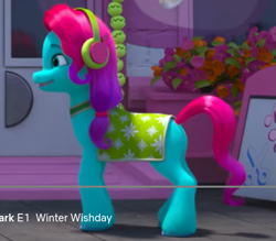 Size: 521x457 | Tagged: safe, imported from derpibooru, screencap, earth pony, pony, spoiler:g5, spoiler:winter wishday, animation error, butt, cropped, cute, earmuffs, female, g5, headphones, jazz has no ears, jazz hooves, mare, my little pony: make your mark, my little pony: make your mark chapter 3, no ears, plot, side view, smiling, snow, snowflake, solo, text, winter wishday