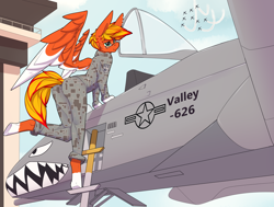 Size: 3700x2800 | Tagged: safe, artist:chapaevv, imported from derpibooru, oc, oc:blaze fury, anthro, pegasus, clothes, glasses, looking at you, male, patreon, patreon reward, pilot, plane, sky, solo, uniform