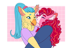 Size: 1280x847 | Tagged: safe, artist:s0ftserve, imported from derpibooru, pinkie pie, princess skystar, anthro, classical hippogriff, hippogriff, clothes, female, kissing, lesbian, shipping, shirt, skypie