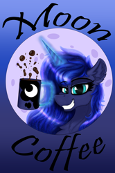 Size: 6752x10173 | Tagged: safe, artist:mix333, derpibooru exclusive, imported from derpibooru, princess luna, alicorn, absurd resolution, chest fluff, coffee, ear fluff, female, gradient background, label, magic, mug, smiling