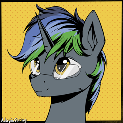 Size: 2000x2000 | Tagged: safe, artist:adagiostring, imported from derpibooru, oc, oc only, pony, unicorn, bust, colored, commission, flat colors, glasses, horn, male, portrait, simple background, solo, stallion, unicorn oc