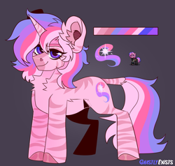 Size: 1894x1800 | Tagged: safe, artist:ghastlyexists, imported from derpibooru, oc, oc only, oc:wisteria radiance, hybrid, pony, unicorn, zebra, zony, fallout equestria, ashes town, chest fluff, cutie mark, ear fluff, eyebrows, eyelashes, female, long tail, looking at you, mare, reference sheet, short mane, signature, simple background, smiling, smiling at you, solo, standing, stripes, tail, unshorn fetlocks, watermark, zonicorn