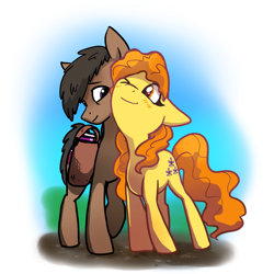 Size: 2048x2048 | Tagged: safe, artist:pfeffaroo, imported from derpibooru, oc, oc only, oc:amber heart, earth pony, pony, bag, black mane, blushing, brown coat, couple, duo, earth, flower, food, jam, nuzzling, one eye closed, orange eyes, orange mane, purple eyes, saddle bag, simple background, smiling, wavy mane, yellow coat