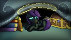 Size: 4000x2250 | Tagged: safe, artist:enteryourponyname, imported from derpibooru, oc, oc:nyx, alicorn, pony, fanfic:glimpses 2, fanfic:past sins, banana, blanket, book, chest, fanfic art, female, filly, foal, food, hiding, implied princess celestia, implied princess luna, lying down, magic, note, offscreen character, prone, scared, scroll, solo, sticky note, telekinesis, trolluna