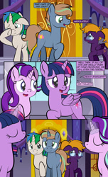 Size: 1920x3168 | Tagged: safe, artist:alexdti, imported from derpibooru, starlight glimmer, twilight sparkle, oc, oc:brainstorm (alexdti), oc:purple creativity, oc:star logic, alicorn, pegasus, pony, unicorn, comic:quest for friendship, comic, crying, dialogue, eye contact, eyes closed, female, folded wings, glasses, glowing, glowing horn, high res, horn, looking at each other, looking at someone, male, mare, narrowed eyes, one eye closed, open mouth, open smile, pegasus oc, raised hoof, smiling, speech bubble, stallion, twilight sparkle (alicorn), two toned mane, unicorn oc, wings, wiping tears