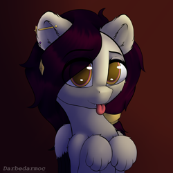 Size: 2048x2048 | Tagged: safe, artist:darbedarmoc, imported from derpibooru, oc, oc only, oc:locus, pony, sphinx, :p, ear piercing, looking at you, male, paws, piercing, scrunchie, smiling, solo, tongue out