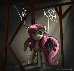 Size: 1566x1502 | Tagged: safe, artist:exploretheweb, imported from derpibooru, fluttershy, pegasus, pony, spider, cautious, cave, female, looking sideways, looking up, open mouth, raised hoof, solo, spider web, standing, underground