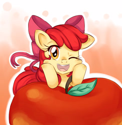 Size: 2800x2880 | Tagged: safe, artist:lucy-tan, imported from derpibooru, apple bloom, earth pony, pony, adorabloom, apple, cute, female, filly, foal, food, giant apple, happy, hooves on cheeks, looking at you, one eye closed, open mouth, solo