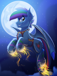Size: 1900x2500 | Tagged: safe, artist:starcasteclipse, imported from derpibooru, part of a set, oc, oc only, oc:azure star (fauli1221), bat pony, pony, commission, flying, glowing, glowing hooves, harness, jingle bells, male, moon, night, smiling, solo, stallion, tack, ych result