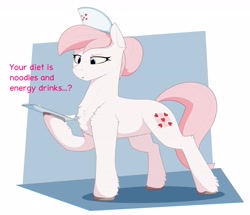 Size: 3603x3102 | Tagged: safe, artist:renderpoint, imported from derpibooru, nurse redheart, earth pony, pony, chest fluff, clipboard, dialogue, ear fluff, eyebrows, female, frown, hat, high res, leg fluff, mare, nurse hat, raised eyebrow, slim, solo, sternocleidomastoid