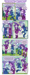 Size: 767x1914 | Tagged: safe, artist:art-2u, imported from derpibooru, starlight glimmer, trixie, human, equestria girls, accessory swap, barrette, boots, cape, clothes, comic, dress, duo, exhausted, fall formal outfits, hat, high heel boots, jump rope, jumping, matching outfits, shoes, the great and powerful, trixie's cape, trixie's hat