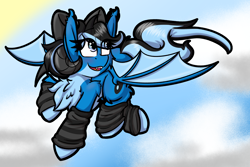 Size: 3000x2000 | Tagged: safe, artist:aryn, imported from derpibooru, oc, oc only, oc:starcast, bat pony, pony, clothes, cloud, flying, horns, leg warmers, solo