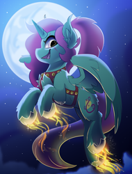 Size: 1900x2500 | Tagged: safe, artist:starcasteclipse, imported from derpibooru, part of a set, oc, oc only, alicorn, pony, commission, female, flying, glowing, glowing hooves, harness, jingle bells, mare, moon, night, smiling, solo, tack, ych result