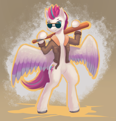 Size: 1879x1959 | Tagged: safe, artist:foxpit, imported from derpibooru, zipp storm, pegasus, pony, baseball bat, belly, bipedal, bomber jacket, clothes, colored wings, eyebrows, female, g5, jacket, looking at you, mare, multicolored wings, smiling, smiling at you, solo, spread wings, sunglasses, unshorn fetlocks, wings