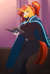 Size: 933x1400 | Tagged: safe, artist:sunny way, imported from derpibooru, sunburst, anthro, unicorn, book, clothes, female, glasses, horn, mare, patreon, patreon reward, pinup, ponytail, reading, robe, rule 63, solo, stars, sunstone (g4 r63 sunburst)