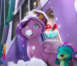 Size: 312x267 | Tagged: safe, imported from derpibooru, screencap, pipp petals, dragon, pegasus, pony, spoiler:g5, spoiler:winter wishday, baby, baby dragon, cropped, duo, duo male and female, faic, female, g5, hat, joy, male, mare, my little pony: make your mark, my little pony: make your mark chapter 3, open mouth, open smile, pipp petals is best facemaker, smiling, snow, sparky sparkeroni, wat, winter hat, winter wishday