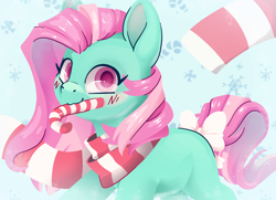 Size: 4096x2958 | Tagged: safe, artist:cutepencilcase, imported from derpibooru, minty, earth pony, pony, bow, candy, candy cane, clothes, female, food, mare, scarf, snow, snowflake, solo, tail, tail bow