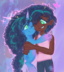 Size: 677x767 | Tagged: safe, artist:kreeeeeez, derpibooru exclusive, imported from derpibooru, human, pony, unicorn, clothes, colored fetlocks, cute, cutie mark on clothes, dark skin, doodle, duo, fake cutie mark, female, freckles, g5, hug, human ponidox, humanized, mare, misty brightdawn, mistybetes, self paradox, self ponidox