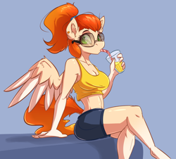 Size: 3040x2744 | Tagged: safe, artist:witchtaunter, imported from derpibooru, oc, oc:amity starfall, anthro, pegasus, art trade, clothes, crossed legs, drinking, ear fluff, female, juice, lemonade, midriff, ponytail, shorts, simple background, solo, spread wings, straw, straw in mouth, sunglasses, tanktop, wings