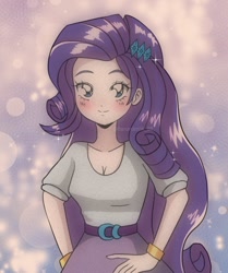 Size: 1000x1197 | Tagged: safe, artist:bananamilk_88, imported from derpibooru, rarity, human, equestria girls, 90s anime, anime, anime style, blushing, breasts, cleavage, looking at you, reasonably sized breasts, smiling, solo