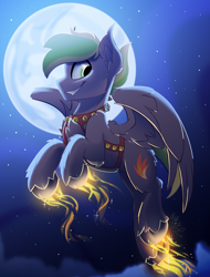 Size: 1900x2500 | Tagged: safe, artist:starcasteclipse, imported from derpibooru, part of a set, oc, oc only, oc:lightflare, pegasus, pony, commission, flying, glowing, glowing hooves, harness, jingle bells, male, moon, night, smiling, solo, stallion, tack, ych result