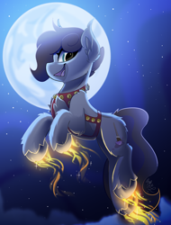 Size: 1900x2500 | Tagged: safe, artist:starcasteclipse, imported from derpibooru, part of a set, oc, oc only, oc:cj vampire, earth pony, pony, ambiguous gender, commission, flying, glowing, glowing hooves, harness, jingle bells, moon, night, smiling, solo, tack, ych result