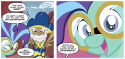 Size: 1334x636 | Tagged: safe, artist:nicoletta baldari, idw, imported from derpibooru, wind sock, earth pony, pegasus, pony, spoiler:comic, spoiler:comic81, dialogue, duo, g4, goggles, male, speech bubble, stallion, sweet dreams fuel, unnamed character, unnamed pony