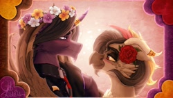 Size: 1920x1080 | Tagged: safe, artist:thatonegib, imported from derpibooru, oc, oc only, alicorn, bat pony, bat pony alicorn, griffon, pony, bat wings, blushing, clothes, duo, female, floral head wreath, flower, flower in hair, griffon oc, horn, jacket, jewelry, leather, leather jacket, looking at each other, looking at someone, male, male and female, ring, smiling, stallion, this will end in kisses, wedding ring, wings