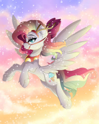 Size: 1280x1600 | Tagged: safe, artist:natanvok, imported from derpibooru, oc, oc only, oc:sky sorbet, pegasus, pony, bow, female, flying, hair bow, mare, snow, snowfall, solo